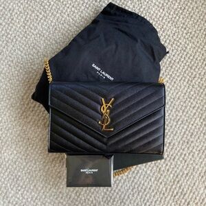 YSL Monogram Large Wallet on Chain in Grained Leather in Black
